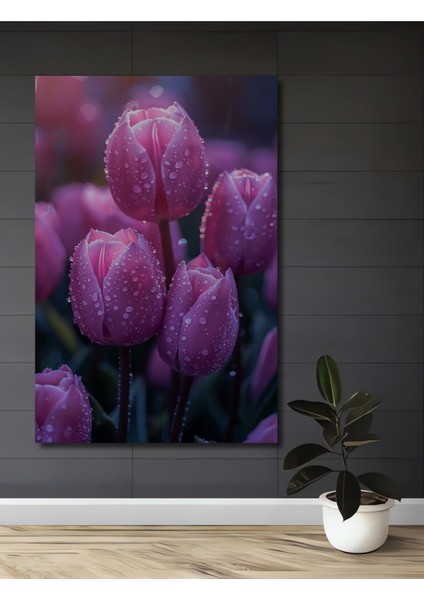 Pembe Lale Bahçesi Sulu Boya Görünümlü Ahşap Dekoratif Tablo Dikdörtgen Tablo