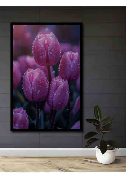 Pembe Lale Bahçesi Sulu Boya Görünümlü Ahşap Dekoratif Tablo Dikdörtgen Tablo fiyatları