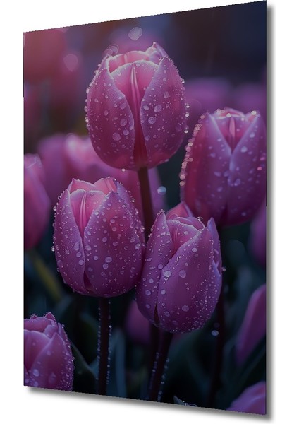 Pembe Lale Bahçesi Sulu Boya Görünümlü Ahşap Dekoratif Tablo Dikdörtgen Tablo modelleri