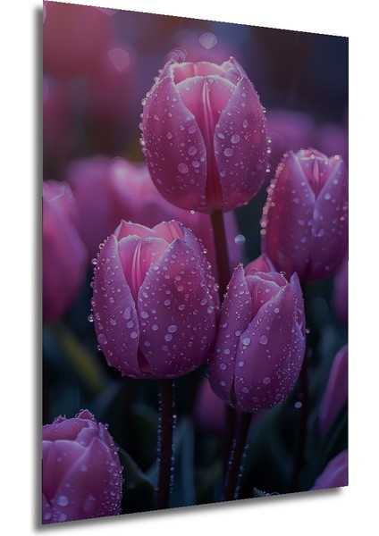 Pembe Lale Bahçesi Sulu Boya Görünümlü Ahşap Dekoratif Tablo Dikdörtgen Tablo fırsatları