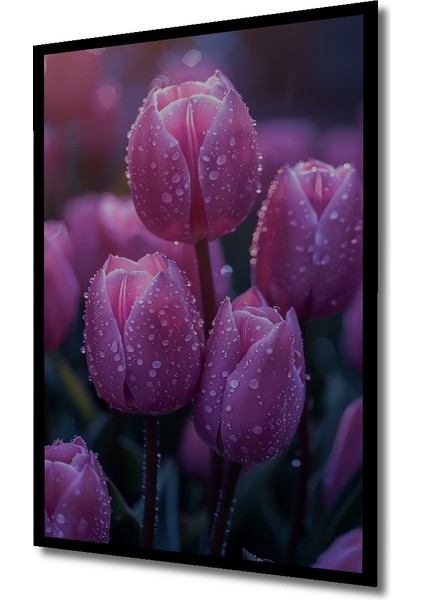 Pembe Lale Bahçesi Sulu Boya Görünümlü Ahşap Dekoratif Tablo Dikdörtgen Tablo indirimleri