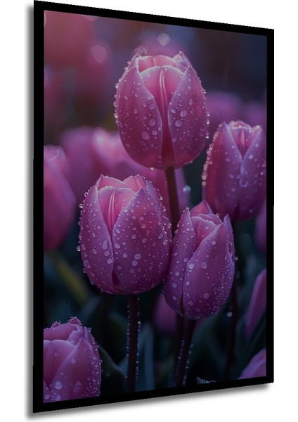 Pembe Lale Bahçesi Sulu Boya Görünümlü Ahşap Dekoratif Tablo Dikdörtgen Tablo