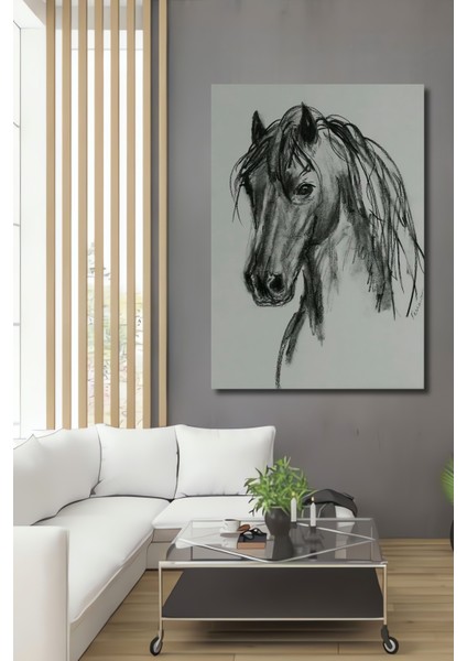 Kara Kalem Görünümlü Ahşap Dekoratif Tablo At Başı Çizimi Sanat Eseri Dikdörtgen Tablo
