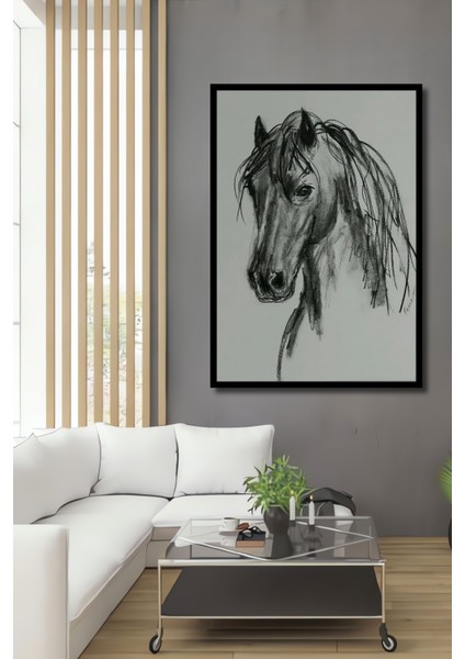 Kara Kalem Görünümlü Ahşap Dekoratif Tablo At Başı Çizimi Sanat Eseri Dikdörtgen Tablo fiyatları