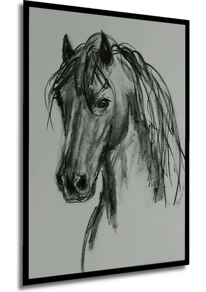 Kara Kalem Görünümlü Ahşap Dekoratif Tablo At Başı Çizimi Sanat Eseri Dikdörtgen Tablo