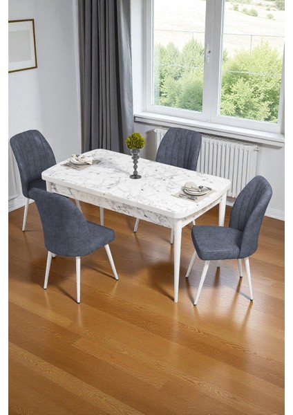 Bara Beyaz Mermer 80X132 Açılabilir Sunta Masa Yemek Odası Takımı, Mutfak Takımı 4 Adet Sandalye