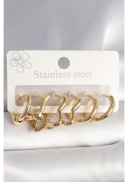 316L Çelik Gold Renk Yıldız Halka Model Kadın Küpe Seti - Lisinya