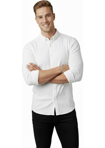 Erkek Beyaz Likralı Kumaşı Fitilli Slim Fit Uzun Kollu Gömlek 2500805