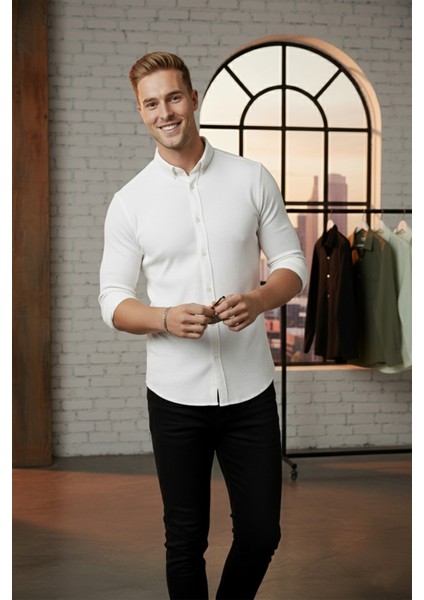 Erkek Beyaz Likralı Kumaşı Fitilli Slim Fit Uzun Kollu Gömlek 2500805 fırsatları