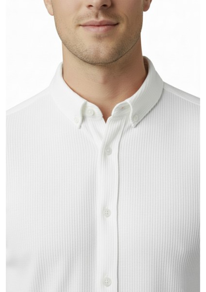 Erkek Beyaz Likralı Kumaşı Fitilli Slim Fit Uzun Kollu Gömlek 2500805 indirimleri