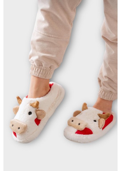Inek Figürlü Nakışlı Kaydırmaz Taban Kışlık Unisex Ev Terliği Beyaz-Kırmızı fiyatları