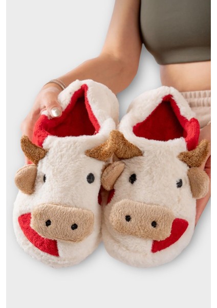 Inek Figürlü Nakışlı Kaydırmaz Taban Kışlık Unisex Ev Terliği Beyaz-Kırmızı modelleri