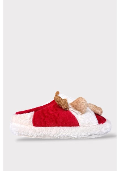 Inek Figürlü Nakışlı Kaydırmaz Taban Kışlık Unisex Ev Terliği Beyaz-Kırmızı fırsatları