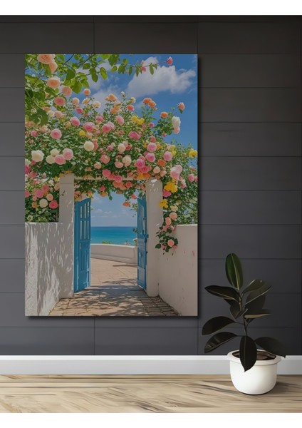Rengarenk Güllerle Bezenmiş Deniz Manzaralı Ahşap Dekoratif Tablo Dikdörtgen Tablo