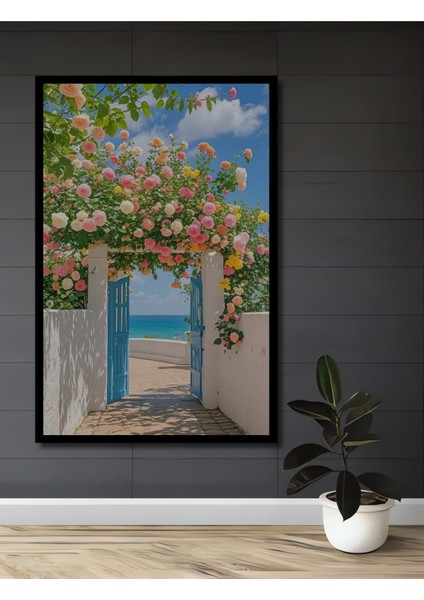 Rengarenk Güllerle Bezenmiş Deniz Manzaralı Ahşap Dekoratif Tablo Dikdörtgen Tablo fiyatları