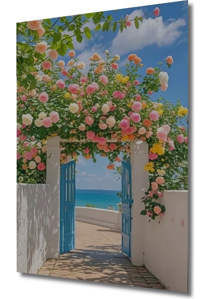 Rengarenk Güllerle Bezenmiş Deniz Manzaralı Ahşap Dekoratif Tablo Dikdörtgen Tablo modelleri