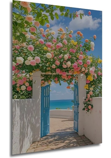 Rengarenk Güllerle Bezenmiş Deniz Manzaralı Ahşap Dekoratif Tablo Dikdörtgen Tablo fırsatları