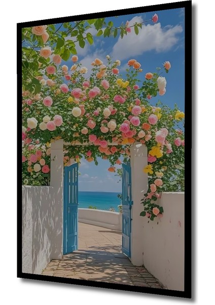 Rengarenk Güllerle Bezenmiş Deniz Manzaralı Ahşap Dekoratif Tablo Dikdörtgen Tablo indirimleri