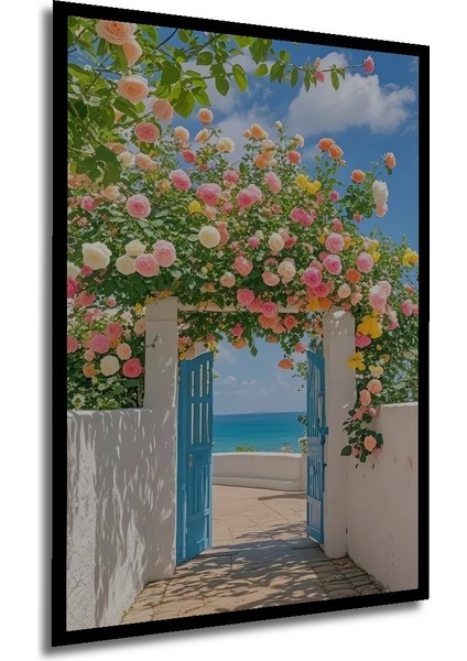 Rengarenk Güllerle Bezenmiş Deniz Manzaralı Ahşap Dekoratif Tablo Dikdörtgen Tablo