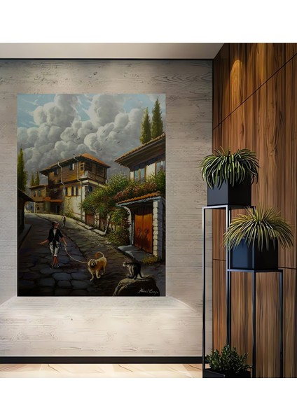 Ahşap Tablo Sokakta Gezen Adam ve Köpek Yağlı Boya Görünümlü Klasik Sanat Tablosu Dikdörtgen Tablo