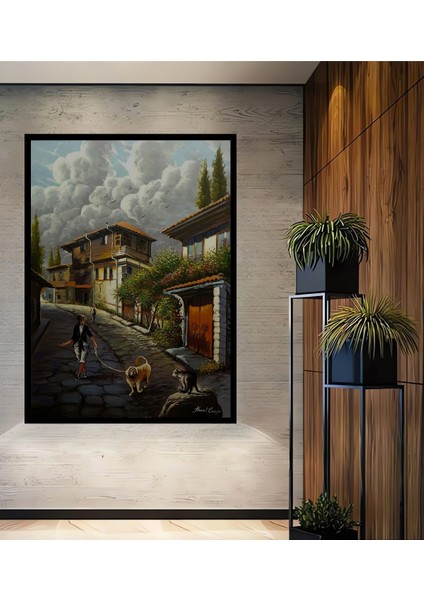 Ahşap Tablo Sokakta Gezen Adam ve Köpek Yağlı Boya Görünümlü Klasik Sanat Tablosu Dikdörtgen Tablo fiyatları