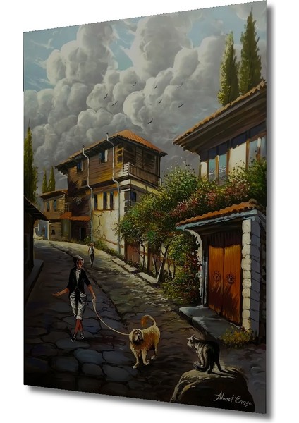 Ahşap Tablo Sokakta Gezen Adam ve Köpek Yağlı Boya Görünümlü Klasik Sanat Tablosu Dikdörtgen Tablo modelleri