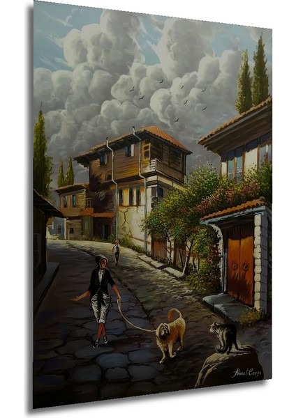 Ahşap Tablo Sokakta Gezen Adam ve Köpek Yağlı Boya Görünümlü Klasik Sanat Tablosu Dikdörtgen Tablo fırsatları