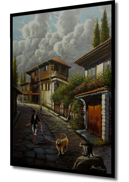 Ahşap Tablo Sokakta Gezen Adam ve Köpek Yağlı Boya Görünümlü Klasik Sanat Tablosu Dikdörtgen Tablo indirimleri