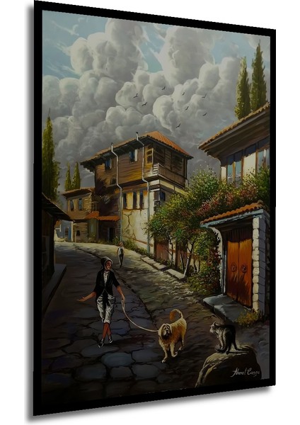 Ahşap Tablo Sokakta Gezen Adam ve Köpek Yağlı Boya Görünümlü Klasik Sanat Tablosu Dikdörtgen Tablo