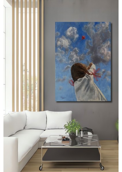 Gökyüzüne Uçan Uçurtma Yağlı Boya Görünümlü Ahşap Dekoratif Tablo Dikdörtgen Tablo