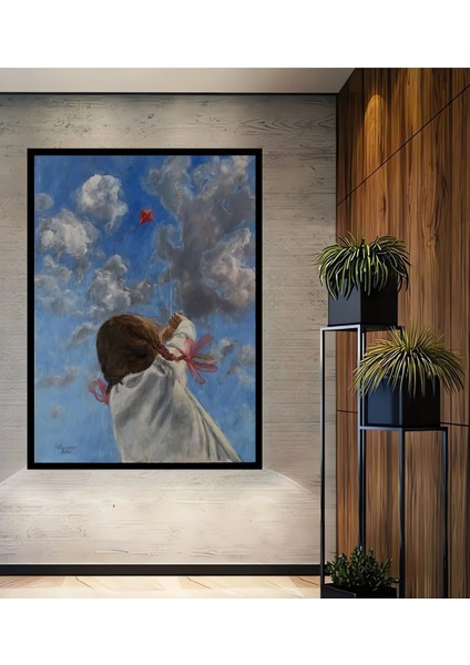 Gökyüzüne Uçan Uçurtma Yağlı Boya Görünümlü Ahşap Dekoratif Tablo Dikdörtgen Tablo fiyatları