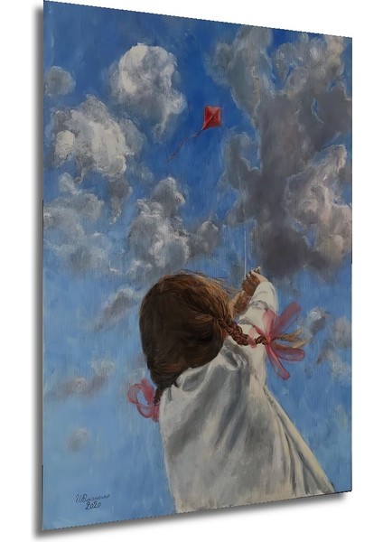 Gökyüzüne Uçan Uçurtma Yağlı Boya Görünümlü Ahşap Dekoratif Tablo Dikdörtgen Tablo fırsatları