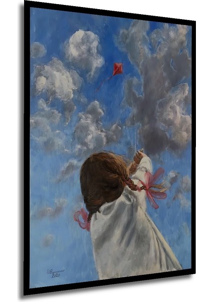 Gökyüzüne Uçan Uçurtma Yağlı Boya Görünümlü Ahşap Dekoratif Tablo Dikdörtgen Tablo