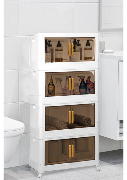 4'lü Portatif Çok Amaçlı Tekerlekli Modüler Katlanabilir Dolap Banyo Mutfak Organizer Saklama Kutusu