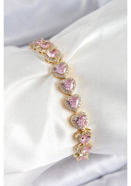 Pirinç Zirkon Taşlı Pembe Kalp Baget Model Gold Renk Vıp Seri Kadın Bileklik - Lisinya