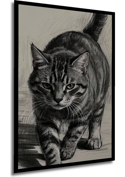 Kara Kalem Görünümlü Kedi Ahşap Dekoratif Tablo Dikdörtgen Tablo