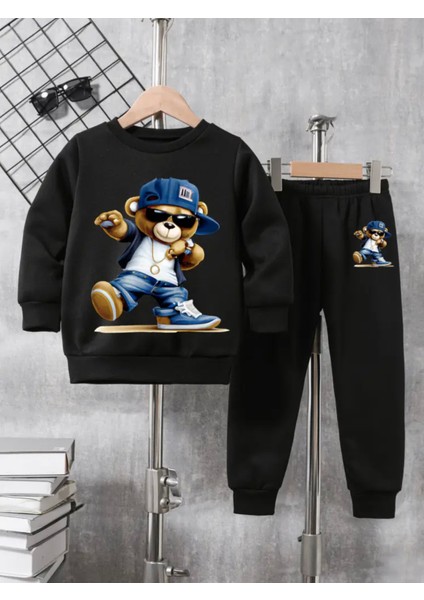 Özel Tasarım Rapçi Minik Ayıcık Baskılı %100 Pamuk Kışlık Erkek Çocuk Eşofman Takımı