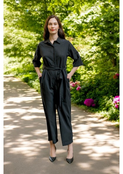 Yazlık Gömlek Yaka Keten Tulum