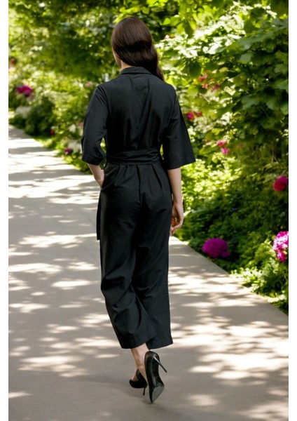 Yazlık Gömlek Yaka Keten Tulum