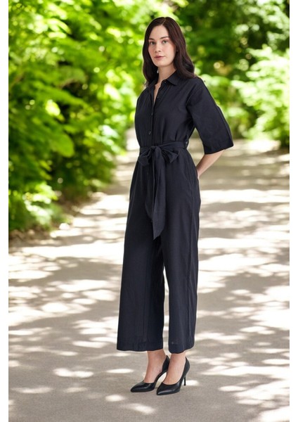 Yazlık Gömlek Yaka Keten Tulum