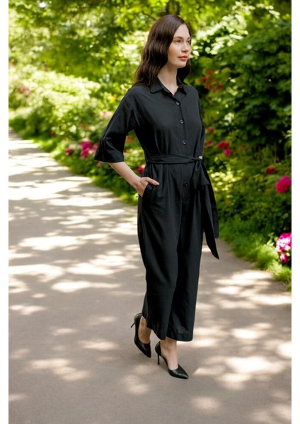 Yazlık Gömlek Yaka Keten Tulum