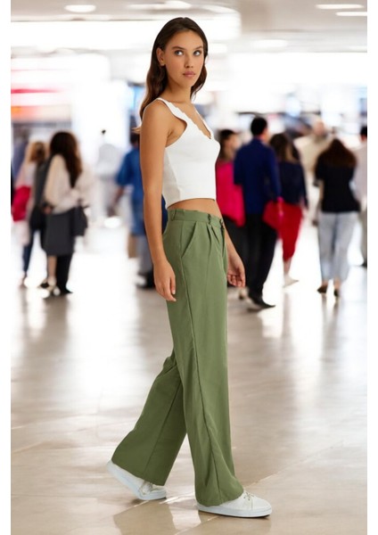 Yazlık Düğmeli Keten Kadın Pantolon