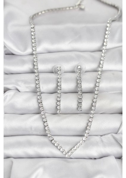 Bfs Gümüş Renk Zirkon Taşlı Kadın Kolye Küpe Seti