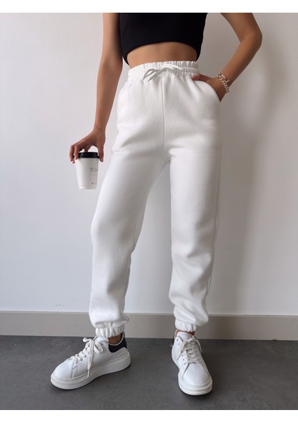Kadın Beyaz Kışlık Kalın Içi Polarlı Yüksek Bel Paçası Lastikli Basic Jogger Eşofman Altı