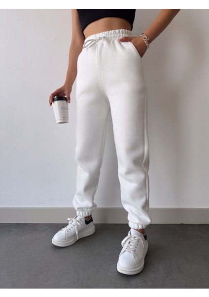 Kadın Beyaz Kışlık Kalın Içi Polarlı Yüksek Bel Paçası Lastikli Basic Jogger Eşofman Altı fiyatları
