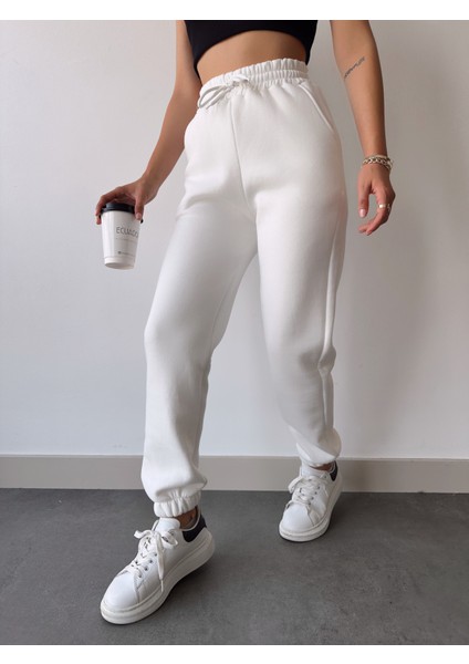 Kadın Beyaz Kışlık Kalın Içi Polarlı Yüksek Bel Paçası Lastikli Basic Jogger Eşofman Altı fırsatları