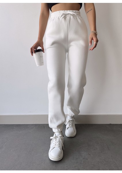 Kadın Beyaz Kışlık Kalın Içi Polarlı Yüksek Bel Paçası Lastikli Basic Jogger Eşofman Altı indirimleri