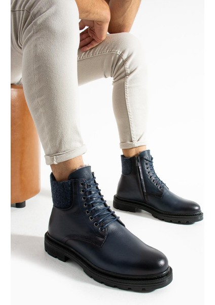 Erkek Koyu Laci Hakiki Deri-Boğaz Detaylı Kışlık Bot