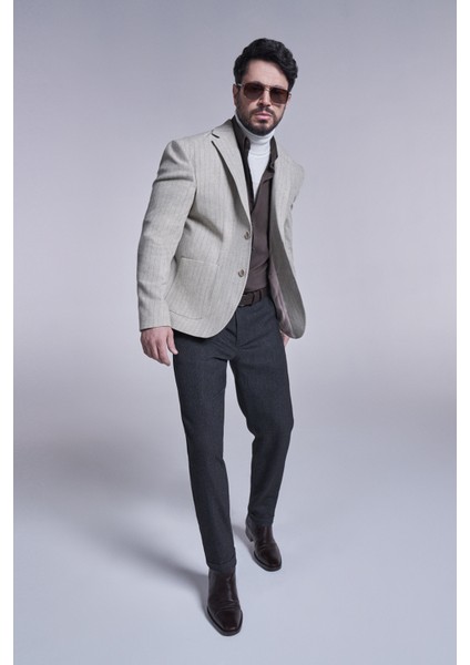 Erkek Bej Mono Yaka Çıkma Kapüşonlu Ceket A32Y4041