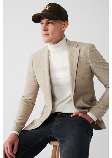 Erkek Bej Mono Yaka Çıkma Kapüşonlu Ceket A32Y4041